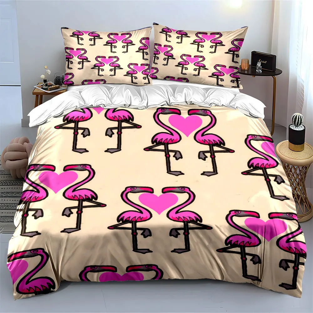 Flamingo Heart Pattern Decor Set Soft Skin-Friendly Bedding Set Includes 1 Duvet Cover And 2 Pillowcase, Gift