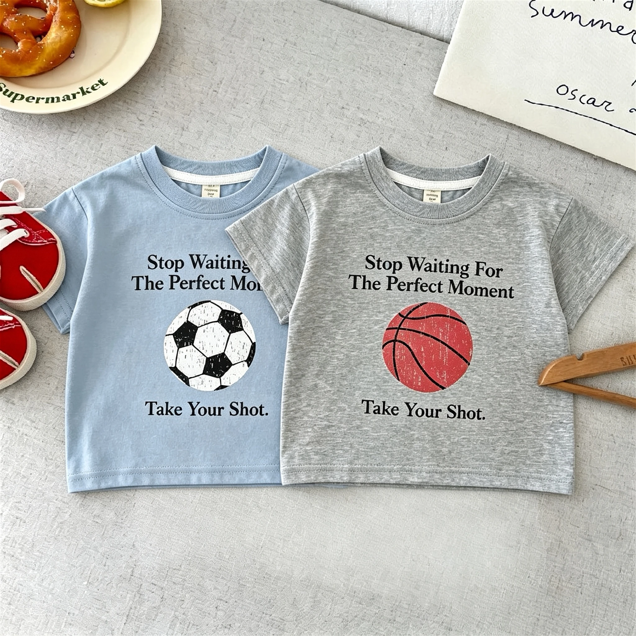 Summer Boy Clothes Printed Ball Casual T-shirt Solid Color Simple Children Short Sleeve Tees Tops Kids Clothing Versatile Tshirt