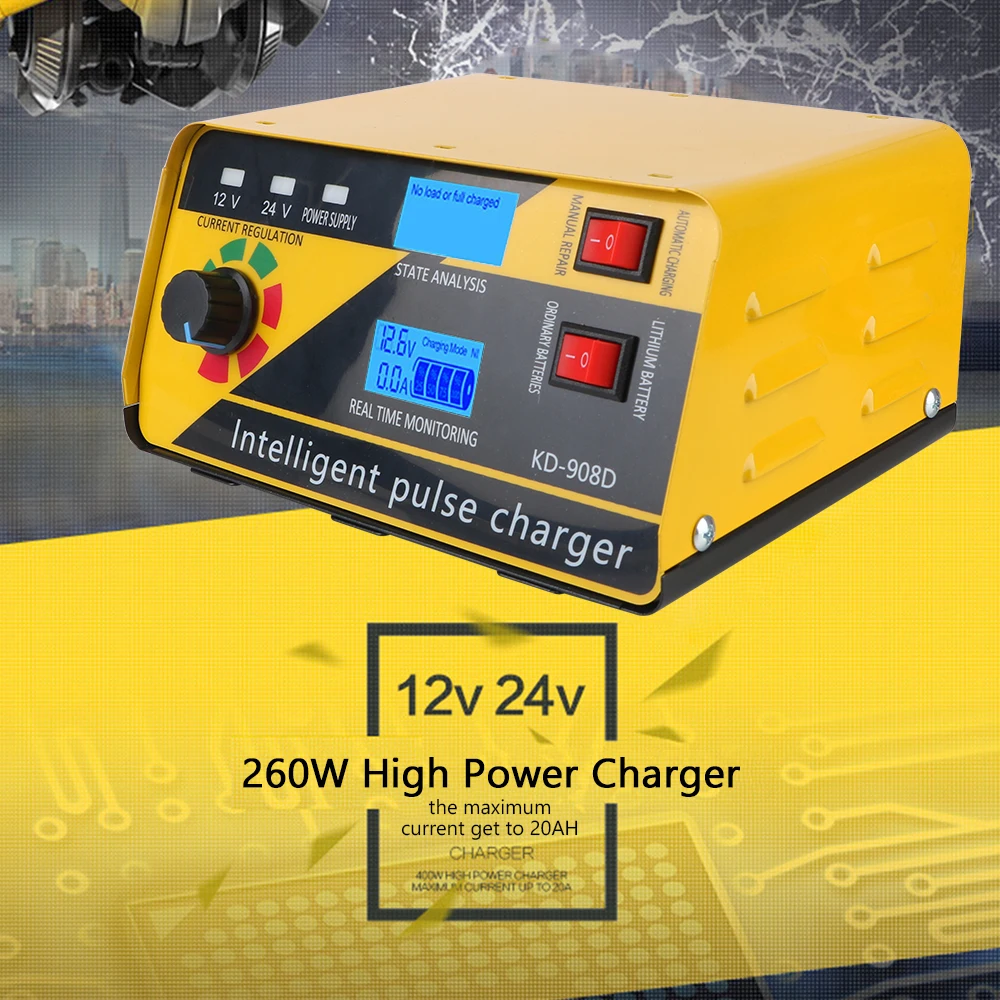 Car Battery Charger 260W Fully Automatic Pulse Repair 12V/20A 24V/10A For Lithium Lead Acid Batteries Current Regulate