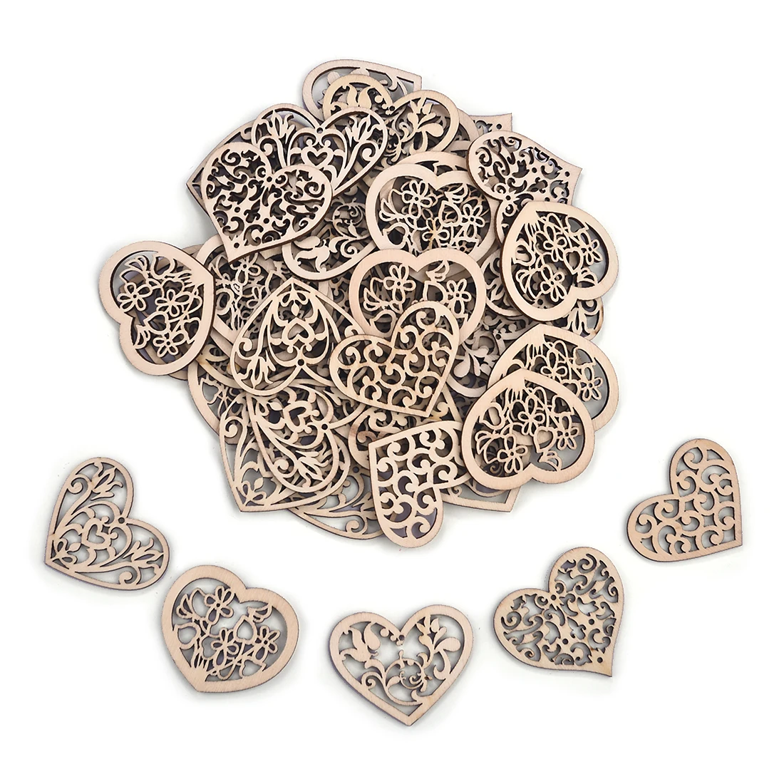 10/30/50pcs Natural Wood Chips Heart Shape Openwork DIY Wooden Crafts Scrapbook Hanging Ornaments Home Decor Sewing Accessories