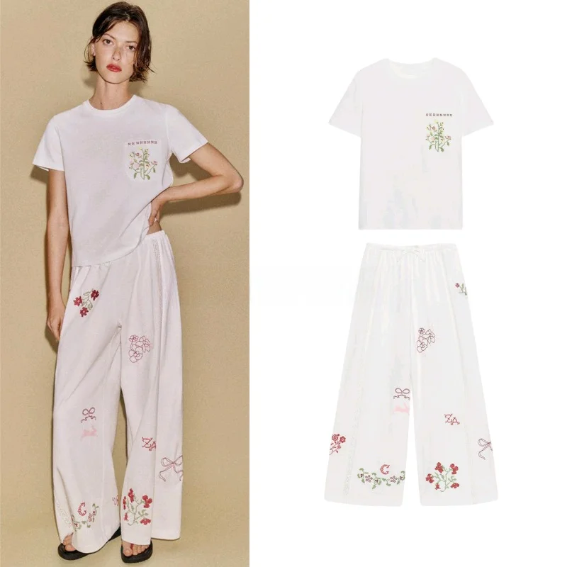 

Embroidered Decorative T-Shirt Short Sleeve round Neck Slim Fit Color Block Knot Long Pants Women's Fashion Spring Set