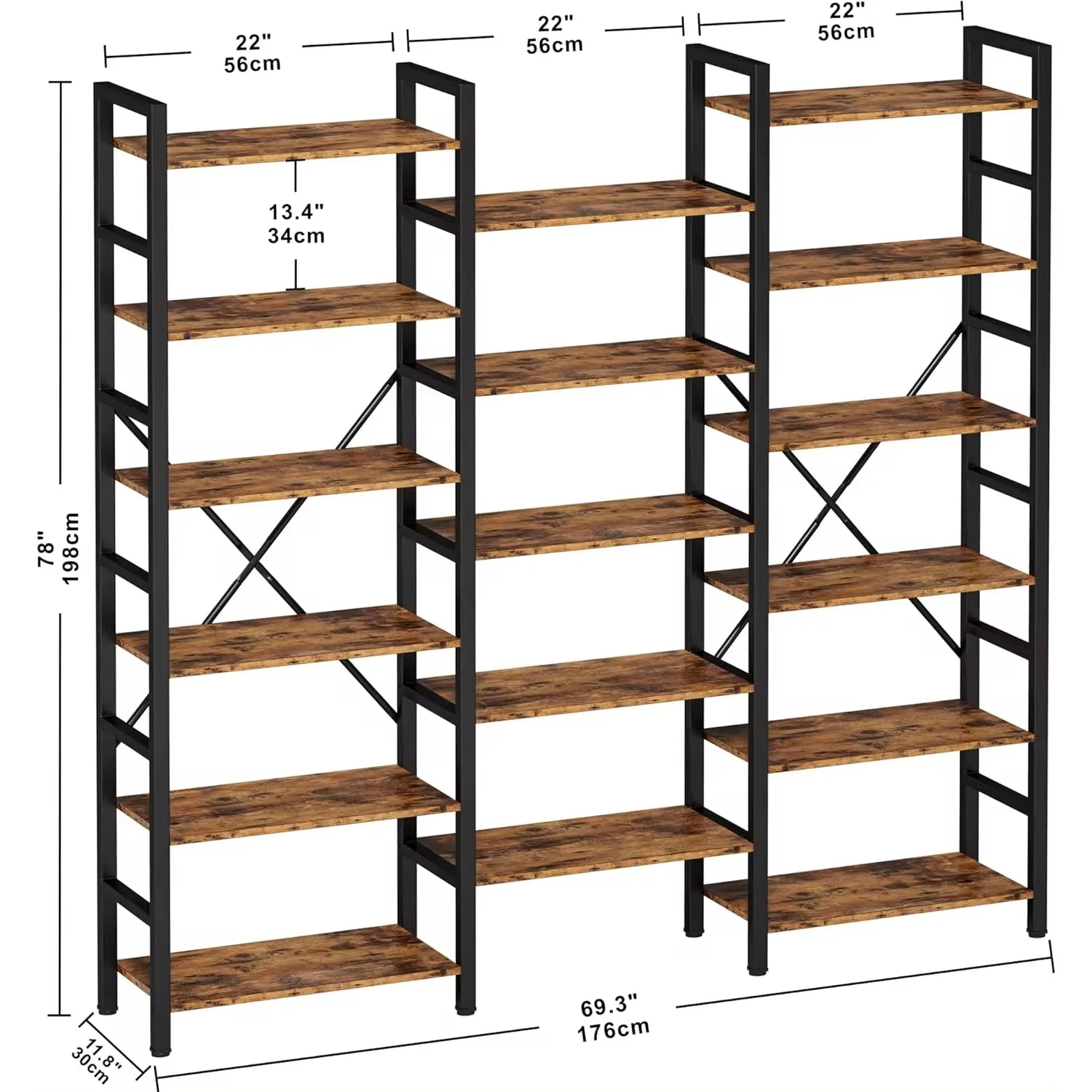 Bookshelves 6 Tiers Triple Wide Industrial Bookshelf, Large Etagere Bookshelf Open Display Shelves with Metal Frame