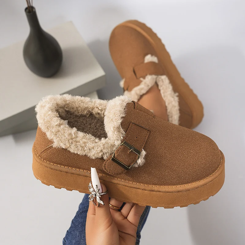 Inverno Addensato Peluche Appartamenti per Le Donne 2024 Marrone Pelliccia Sintetica Caldo Antiscivolo Scarpe Casual Donna Fahion Fibbia Tacco