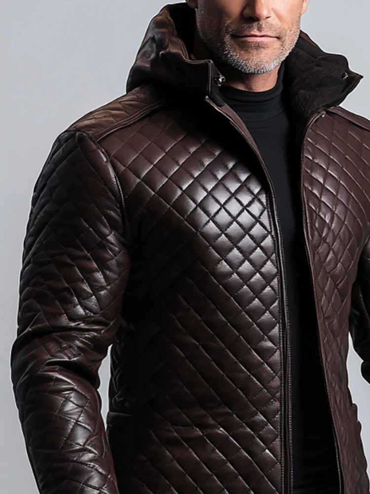 Vintage PU Leather Diamond Grid British Winter Men's Jacket Hooded Zip-up Keep Warm Outerwear Slim Straight Long Sleeve Jacket