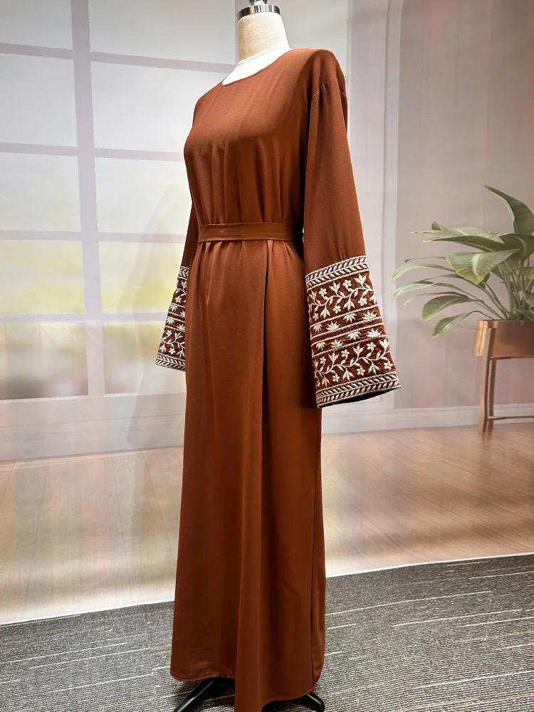 2025 Middle East Muslim New Fashion Women's Solid Color Elegant Casual Trendy Long Sleeve Sashes Ankle Length Dresses Female