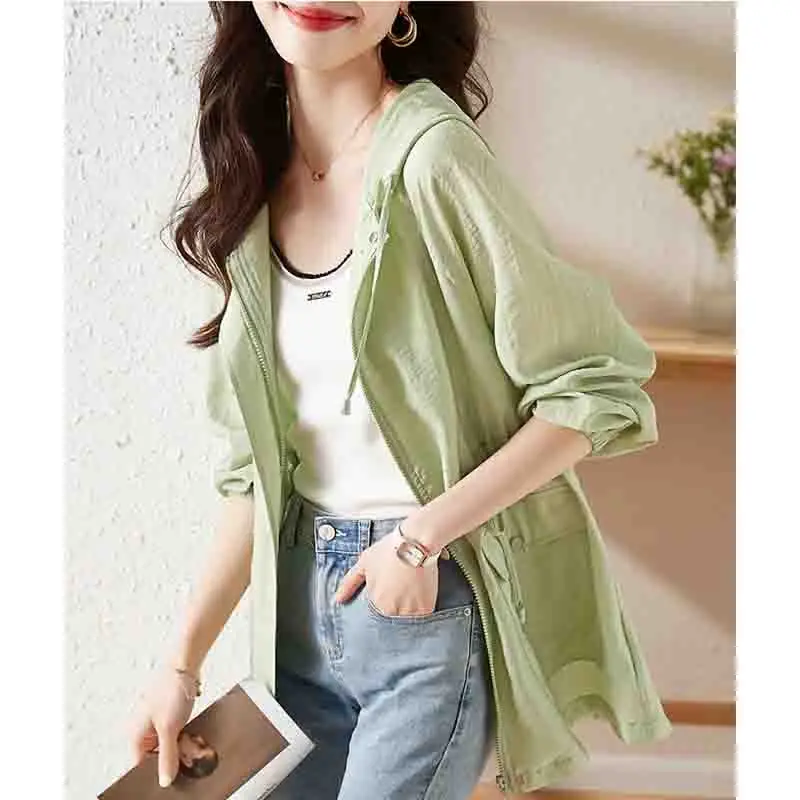 

2024 Female Mid Length Version Fruit Green Sunscreen Jacket Women New Summer Appear Thin Sunshade Fruit Green Sunscreen Top Coat