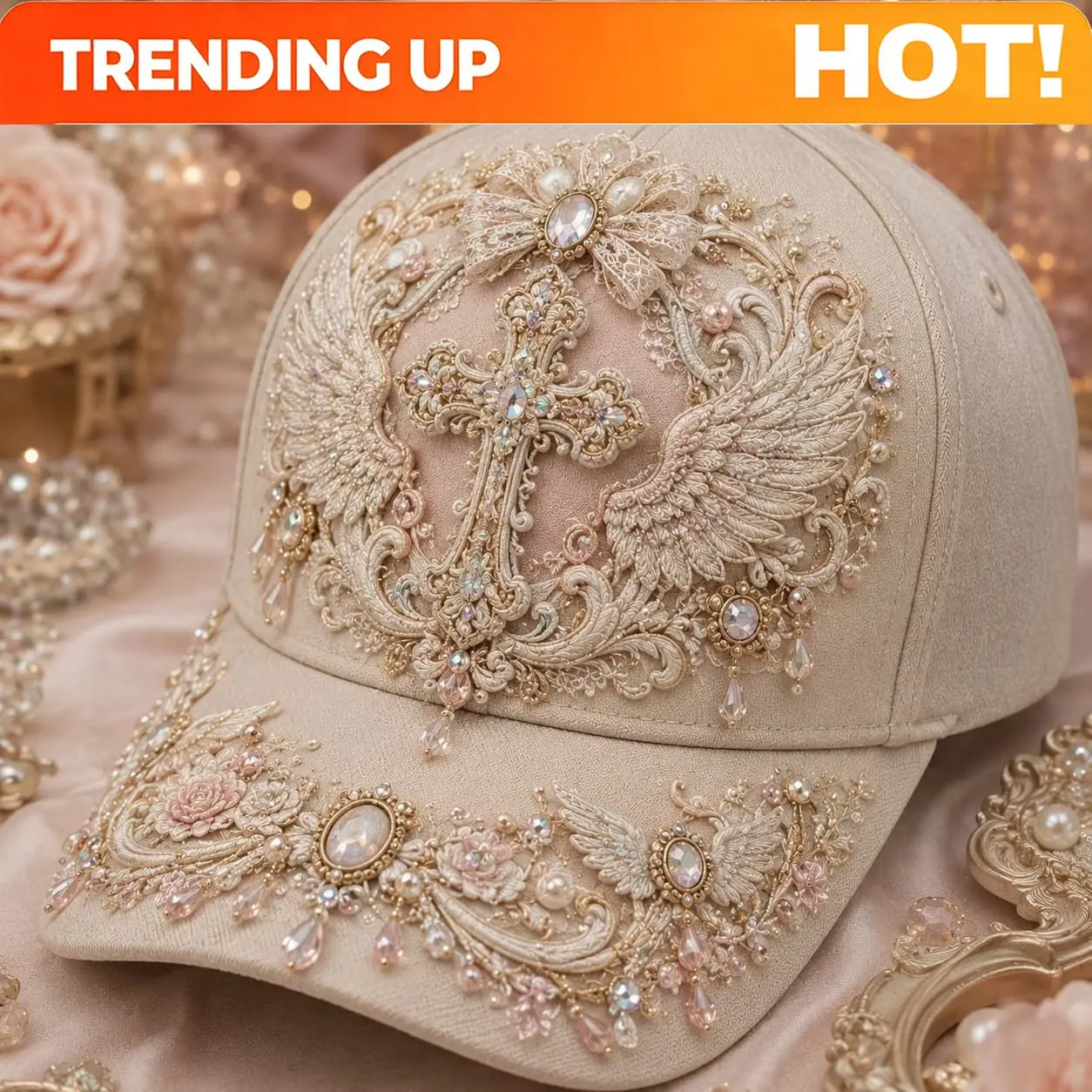 Customization Ornate Cross & Angel Wings Baseball Cap For Men & Women - Bohemian Faith Style With Ivory Golden Cross, Suitable F