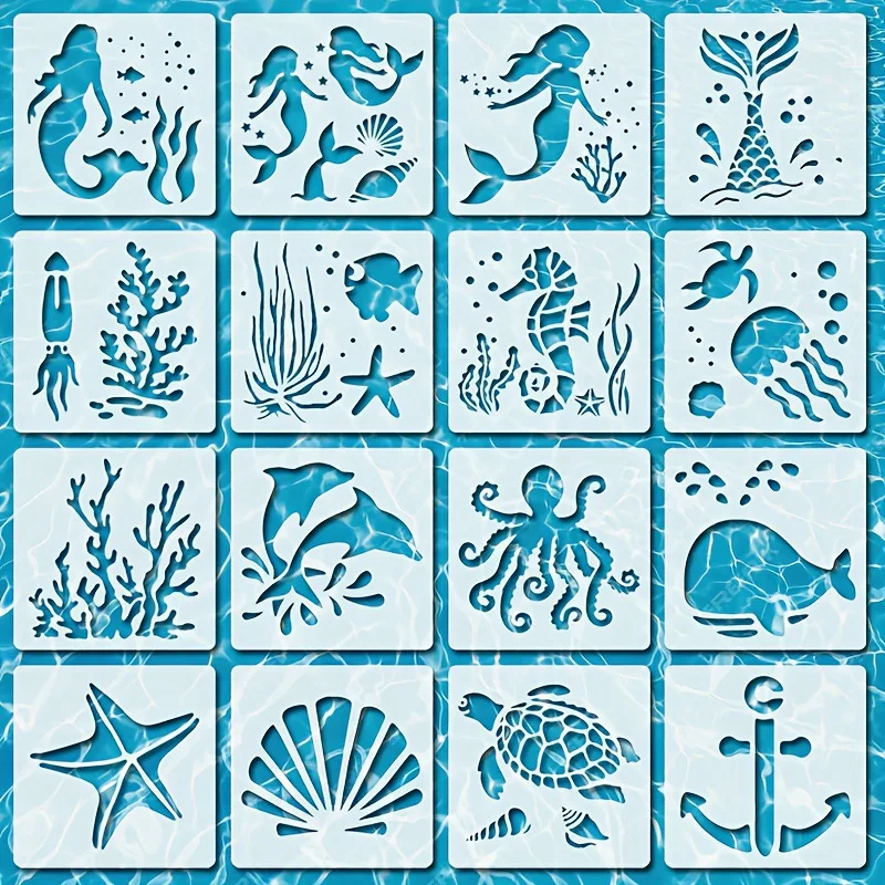 16pcs Sea Ocean Creatures Stencils Set DIY Layering Stencils Sea Life Mermaid Painting Templates For Art Craft Wood,Wall,Fabric
