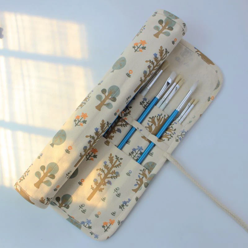 Roll-Up Pencil Bag 20 Hole Cute Floral Pencil Case Paint Brush Bag Korean Stationery Portable Cosmetic Storage Bag Office Supply