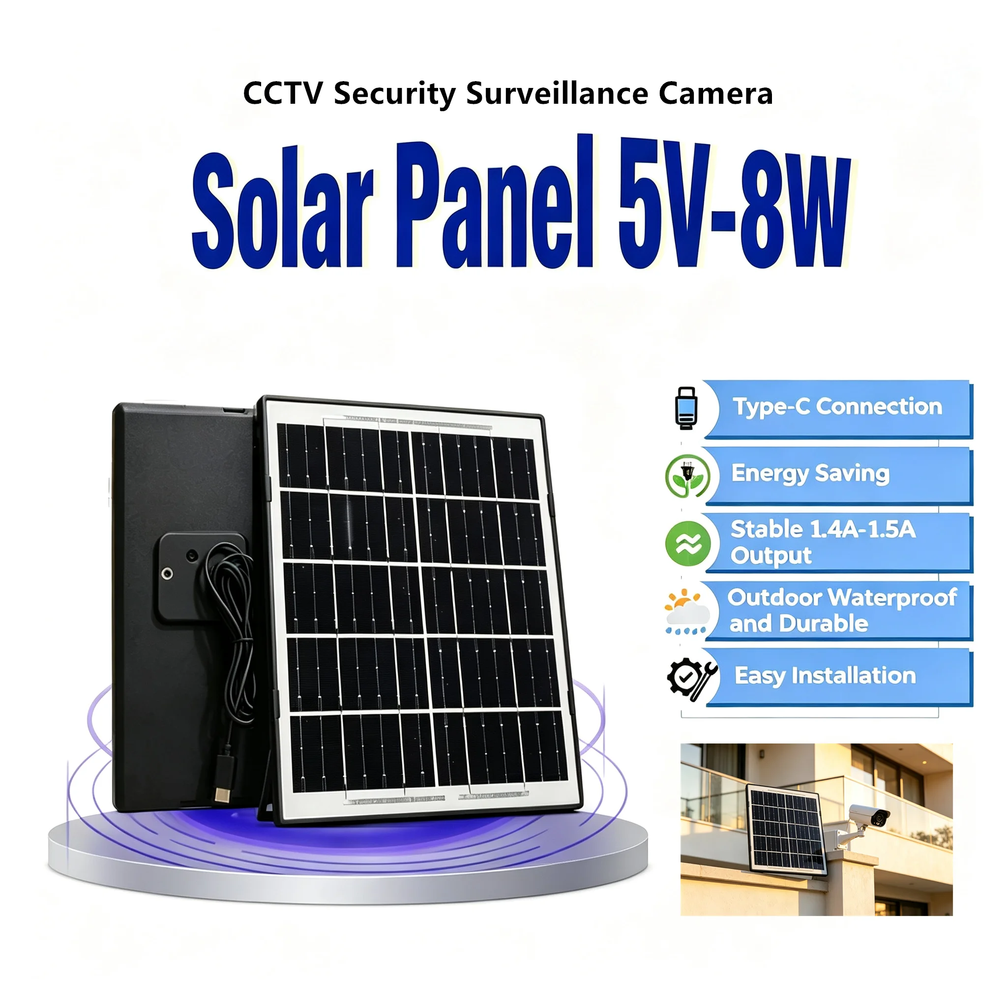 5V 8W Solarpanel vom Typ C für Solar-Sicherheitskameras, Solar-Ladepanel für den Außenbereich, wasserdichtes Solarstromversorgungssystem nach IP65, LED-Leuchten, Ersatzteil, CCTV-Kamera nicht