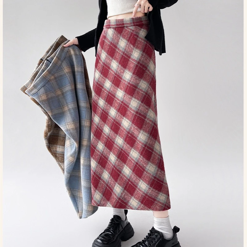 

Woolen Plaid Vintage Skirt for Women Spring Autumn New High-Waisted Slimming Split-Hem Bodycon Plaid Mid-Length A-Line Skirt