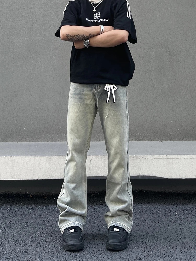 

American Sle Waed Loose Fit Micro Flared Jeans Men's Slimming High Street Cleanfit Long Trousers Youth Casual Cotton Denim