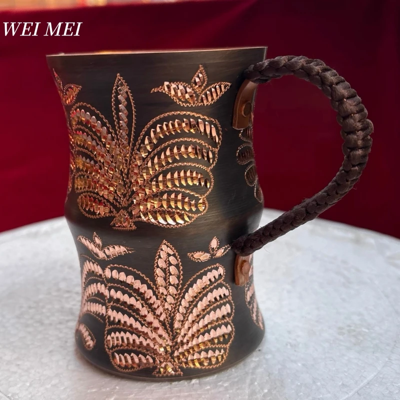 

Handcrafted Vintage Pure Copper Breakfast Coffee Cup,Engraving Art Texture Juice Mug,Woven Handle Home Tea Sharing Cup Tableware
