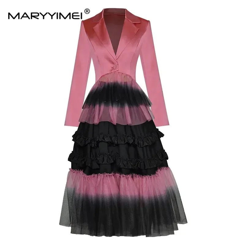 MARYYIMEI ファッション滑走路春スカートスーツ女性シングルボタンピンクショートブレザー + メッシュケーキスカート 2 個セット