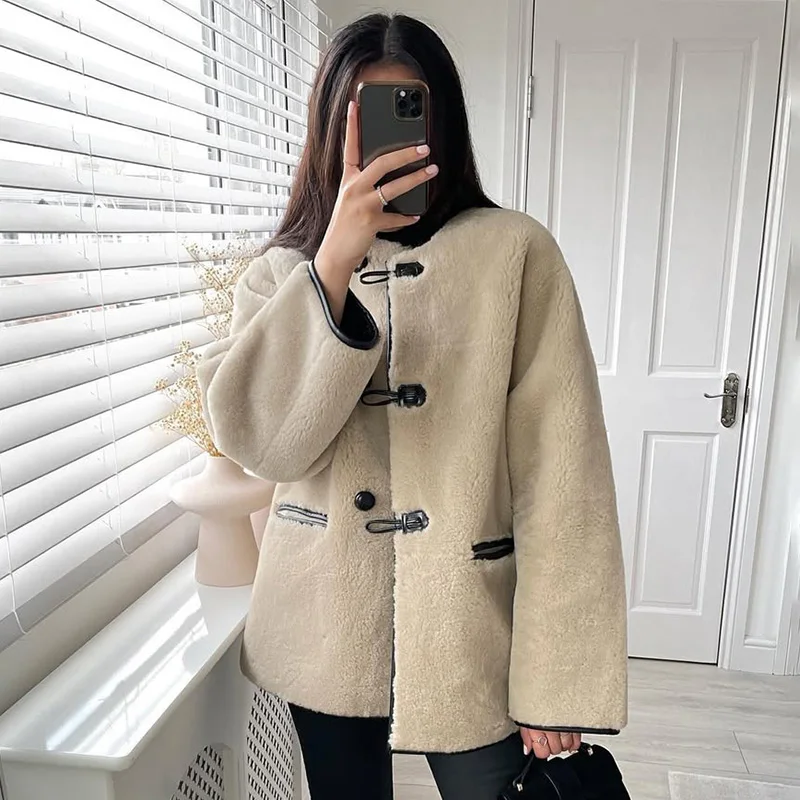 

Ticketsx Fashion Lamb Fur Jacket Casual Patchwork Single Breast Coats Women Autumn Winter Loose Vacation Streetwear Warm Jacket