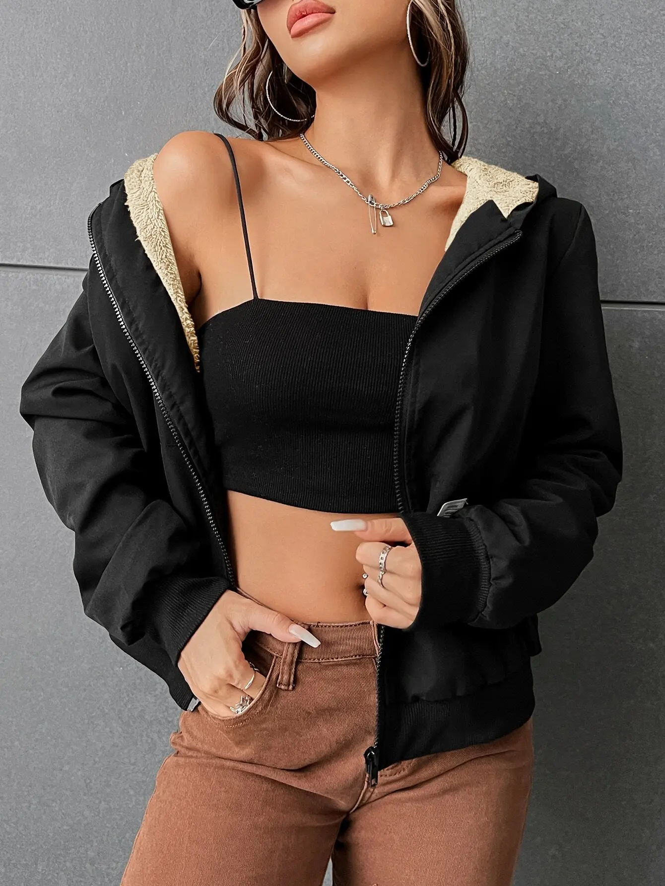 

Women's Black Hooded Teddy Lined Zip-Up Jacket for Fall Winter Streetwear
