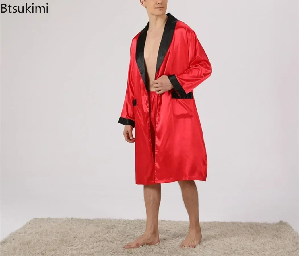 2024 Men\'s Summer Casual Silk Robe Sets Sleepwear Robe&Shorts Two Pieces Man Satin Comfortable Kimono Gown Housewear Bathrobe