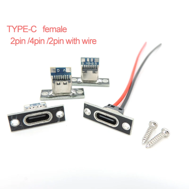 TYPE-C female charging Jack 2 solder joint USB-C Micro belt line Connector 2Pin 4Pin Flat Plug Adapter For Sound Box Electrical