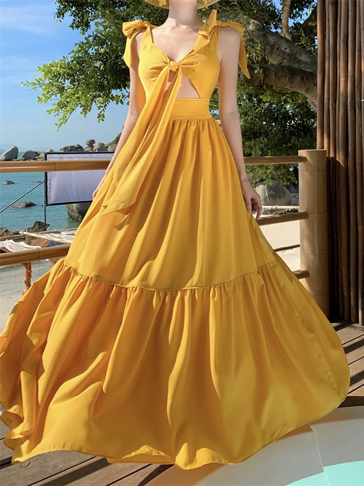 Sexy Fashion Bohemia Yellow Long Dresses For Women 2024 New Summer Beach Vacation Sleeveless Bandage Slim Big Swing Dress Female