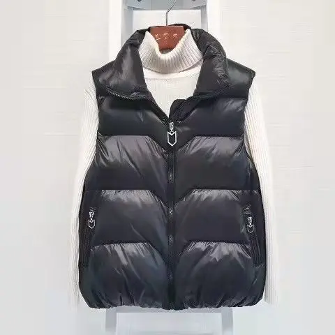 Chalecos ligeros de algodón para mujer, chaquetas coreanas cálidas, parka brillante sin mangas con capucha, primavera y otoño, 2024