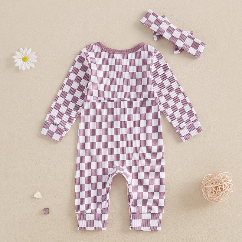 Toddler Plaid Romper Set with Matching Bow Headband - Long Sleeve Button-up Jumpsuit for Baby Girls - Fall Ribbed Outfit