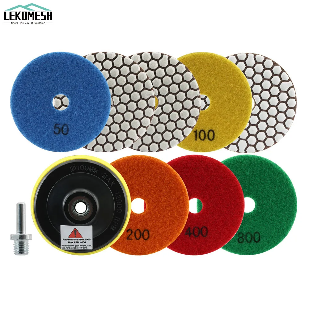 

LEKOMESH 8pcs 100mm/4'' Diamond Dry Polishing Pads + M14 Rubber Backer Granite Marble Stone Sanding Disc+M14 Adapter