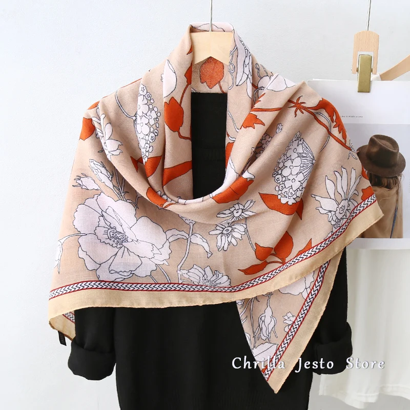 Ladies Spring Autumn New Design Cotton Feeling 110cm Hijab Flower Printed Wrap Women Square Shawl Scarf