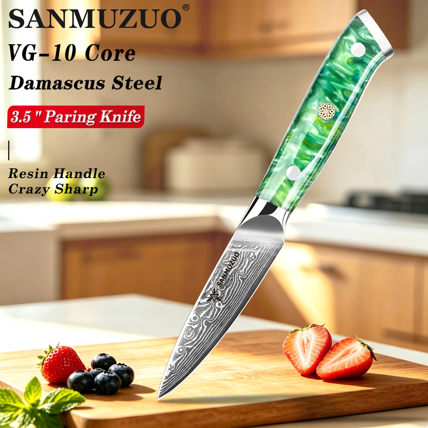 SANMUZUO Damascus Steel 3.5 Inch Paring Knife - XUAN Series Resin Handle Kitchen Small Knife For Fruit Vegetable Cutting Peeling