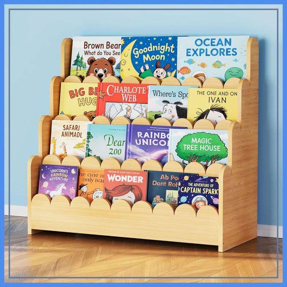 

4-Tier Scalloped Bookshelf, Wooden Book Display for Kids Room, Playroom, Nursery, 29.6" Wide, Natural