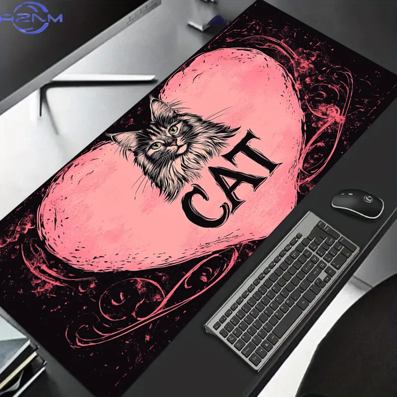 1pc Polyester Desk Mat with Maine Coon Kitten Design, Large Heart-Shaped Mouse Pad for Office, Laptop, Gaming, Birthday Gift, RV
