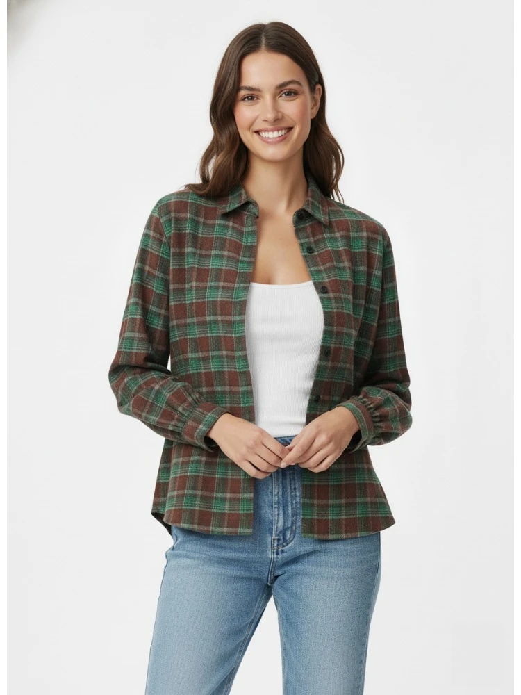 

Bonboho Women's Plaid Shirt Top 2025 Autumn New Lapel Collar Puff Sleeves Buttoned Loose T-shirt Female Casual Blouse Tees