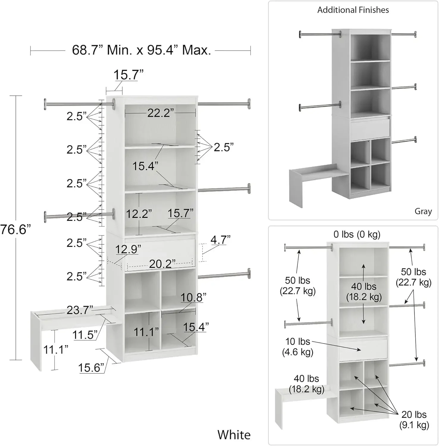 Grow with Me Verstellbares Schrank-Organizer-System für Kinder, 15,69" T x 95,44" B x 76,62" H, Weiß