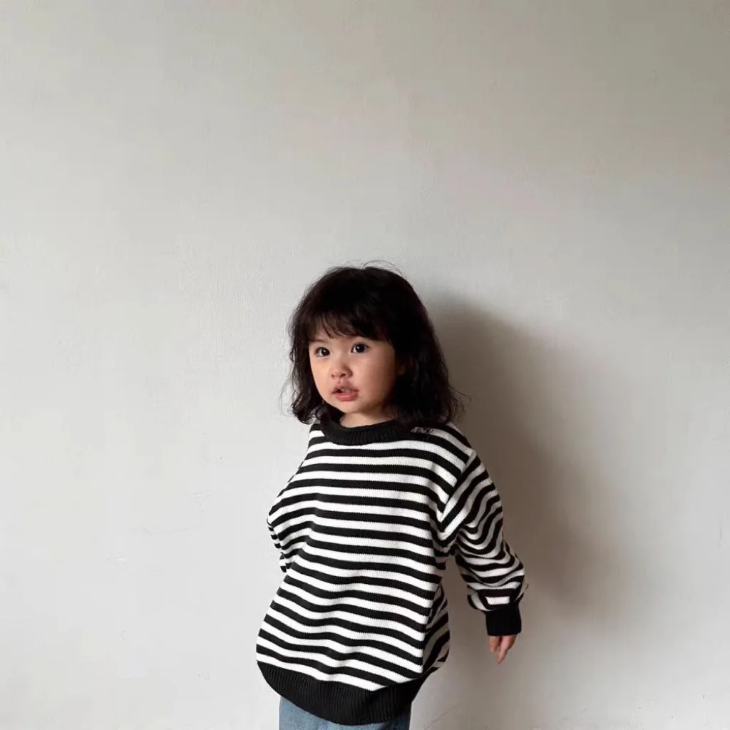 2024 Autumn New Baby Long Sleeve Knitted Pullover Infant Boy Girl Casual Striped Sweater Cotton Toddler Loose Tops Kids Clothes