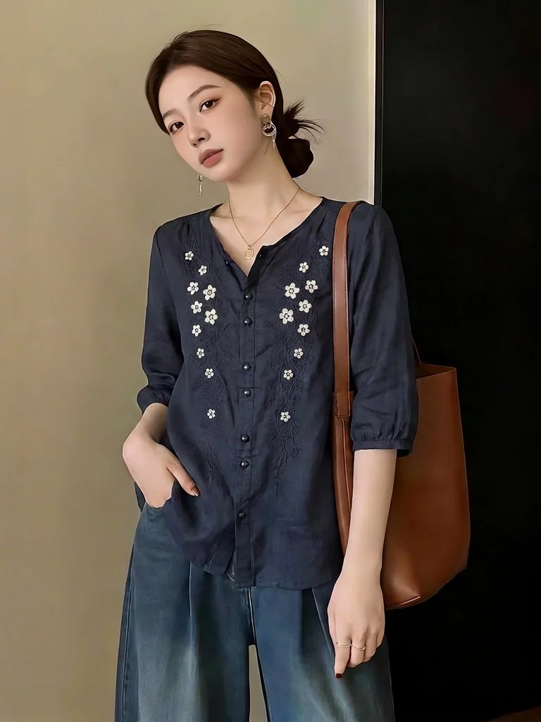 

Blue Floral Embroidery Short Sleeve Shirt Women's Loose Fit Cotton Linen Thin Summer New Style Big Size Fat MM Business Casua...
