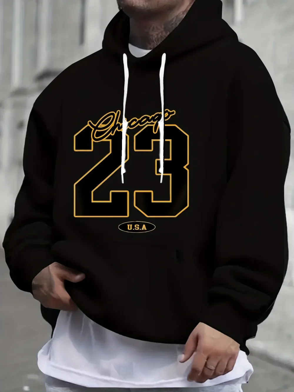 New American Men's Autumn Chicago Letter 23 Printed Micro Elastic Comfortable Hoodie Outdoor City Street Top