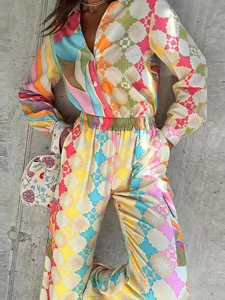 

Women's Fashion Single Breasted Shirt Outfit Geometric Pattern Printed Summer Two Piece Set Casual High Street Pocket Pants Suit