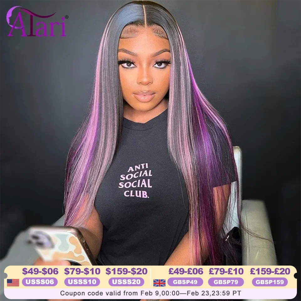 

Purple Highlights 5x5 Lace Closure Human Hair Wigs Transparent 13x4 13x6 P1B Light Pink Lace Frontal Straight Wig Pre Plucked