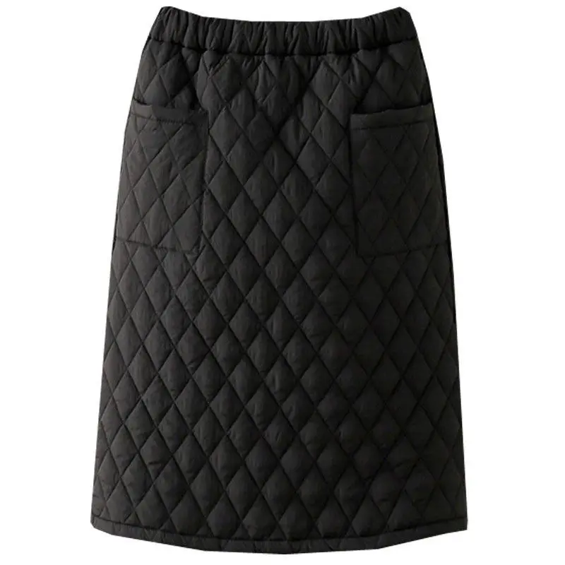 Thickened Diamond Grid Semi-Body Skirt with Cotton Elastic Waist Large Pocket Warm Mid-Length High Waist A-Line Skirt