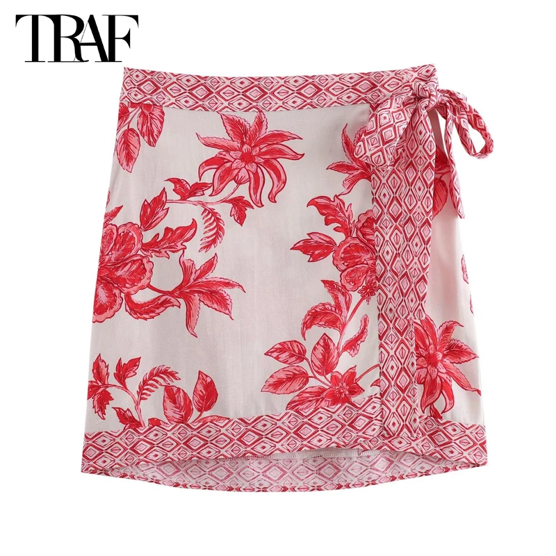 TRAF Red Print Wrap Mini Skirt Women Floral High Waist Women's Skirts Summer Beach Short Skirts for Women Streetwear Woman Skirt