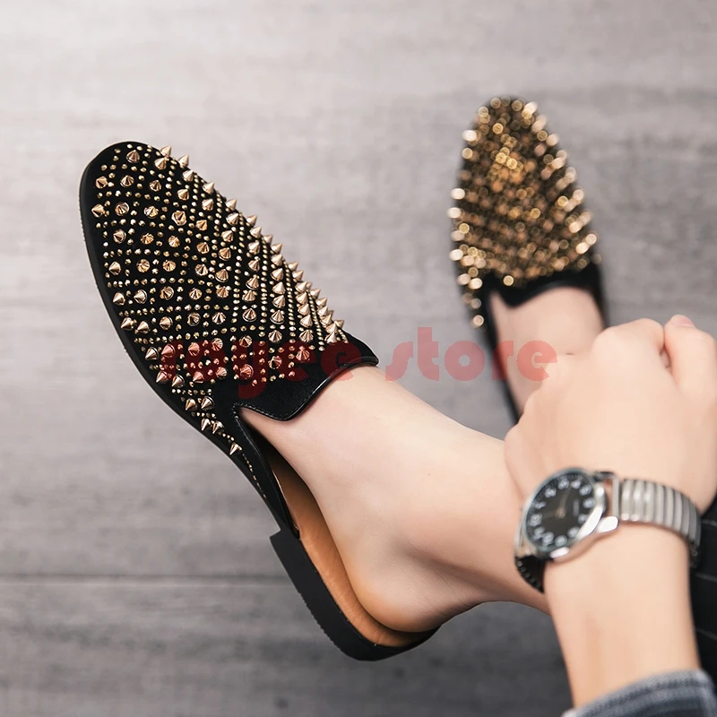 Rhinestone Studs Spike Shoes Men Original Golden Glitter Diamond Loafers Shoes Runway Shining Rivets Party Wedding Shoes 47