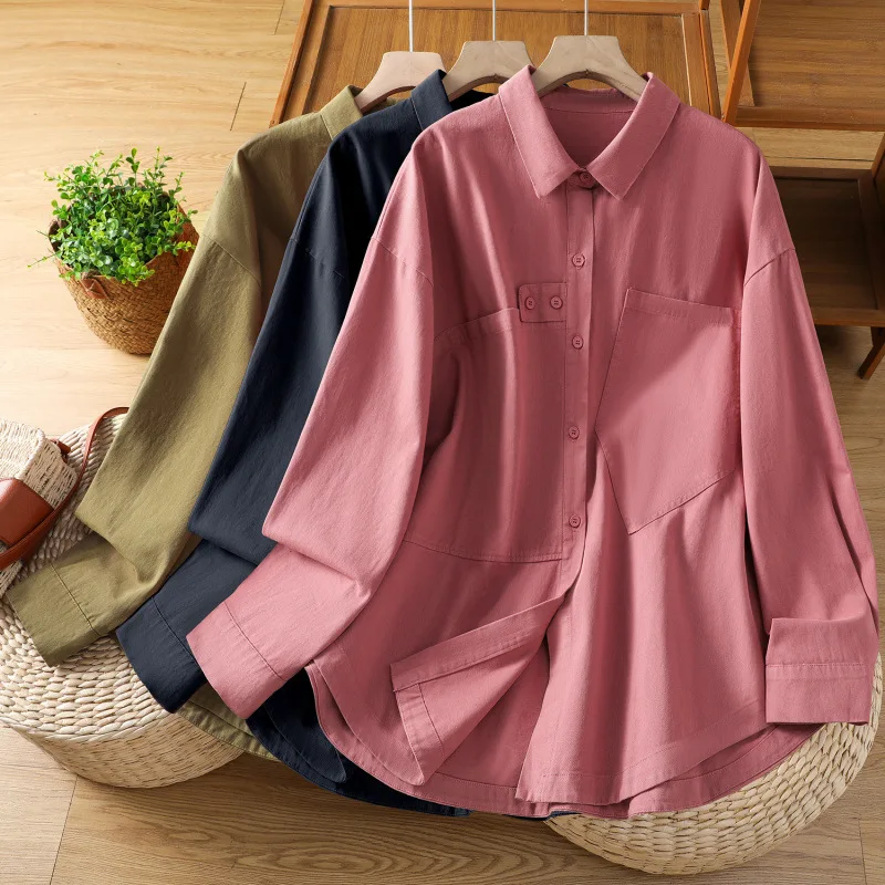 

Harajuku Vintage Casual Loose Button Down Shirt For Women Spring Chic Dusty Pink Oversized Patch Pocket Curved Hem Preppy Blouse