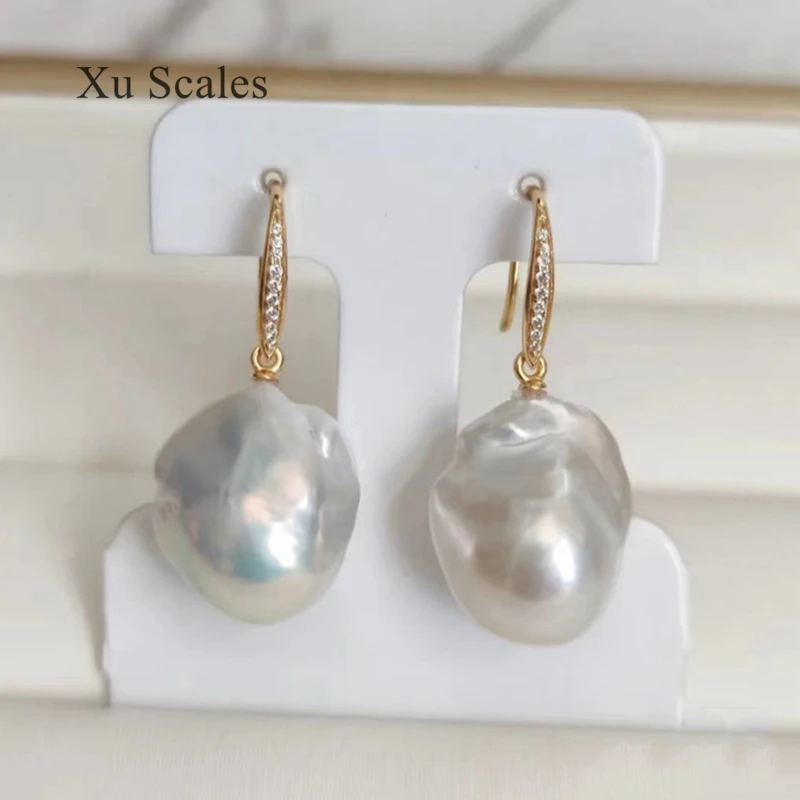 Natural Freshwater Pearl 14K Gold Filled Zircon Inlaid 15-25mm Baroque White Pearl Drop Earrings INS Fine Jewelry Gifts forWomen