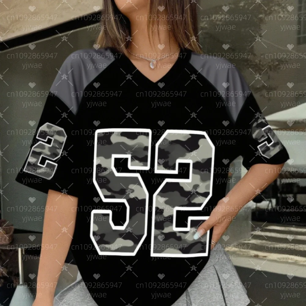 2025 여름 여성용 52번 프린트 V넥 반팔 티셔츠 여름 티셔츠 야구 저지 스트라이프 오버사이즈 스포츠 티셔츠