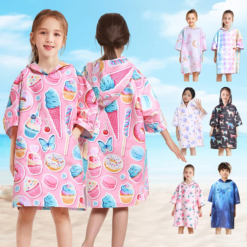 2024 Quick drying children's bathrobe with sleeves and pockets, bath towel for male and female students, swimming water