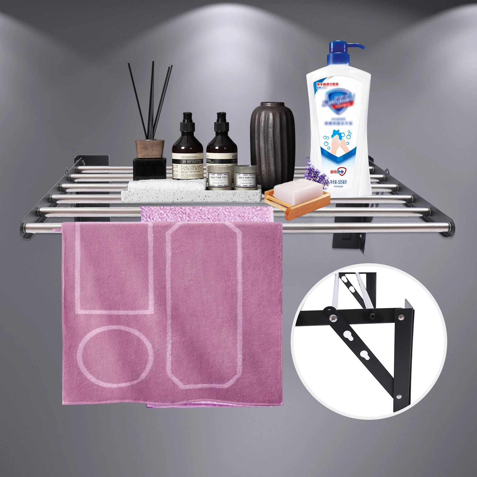 

44LBS 304 Stainless Steel Wall-mounted Towel Rack, 6 Tubes Adjustable Angle, Nail-free/Punch Installation for Bathroom/Kitchen