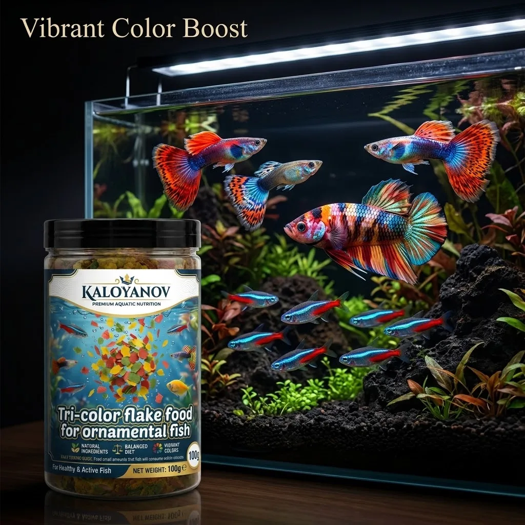 Hochwertiges 3-Farben-Flockenfischfutter Nahrhafte Tagesnahrung für tropische Aquarien-Zierfische, Tetra, Goldfische, Guppys, Farbverstärker – Detail 6