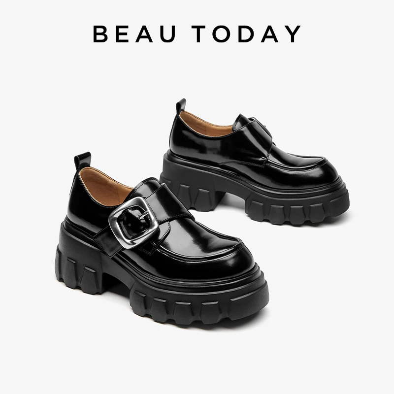 BEAUTODAY Exquisite Loafers Women Polished Cow Leather Black Classic Fashion High Heeled Flats Shoes with Square Button 26639