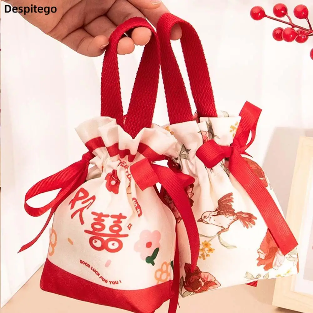 

Korean Canvas Festive Drawstring Sugar Bag Flower Letter Wedding Handbag Large Capacity Souvenir Bag Jewerly Packing Bag