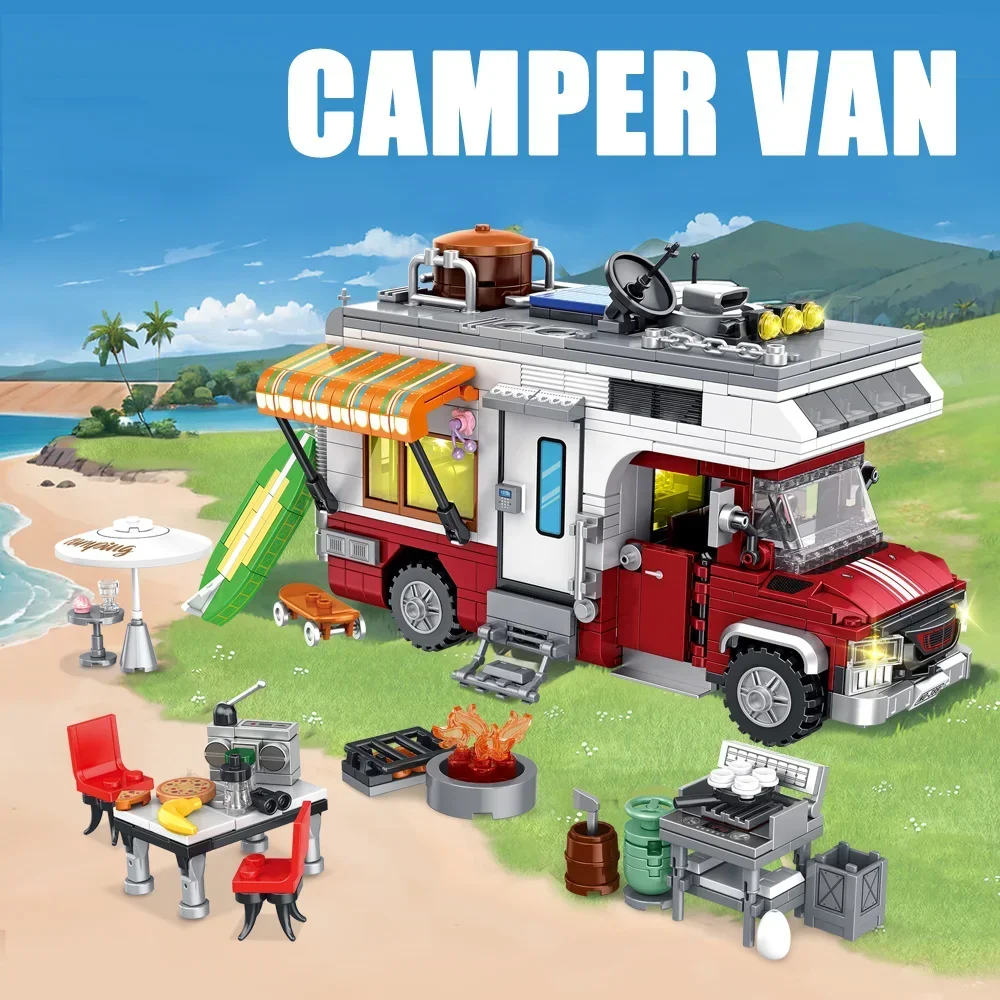 Building block canvas cart Open door pickup truck with camping equipment  Creative assembled toys  Christmas and birthday gifts