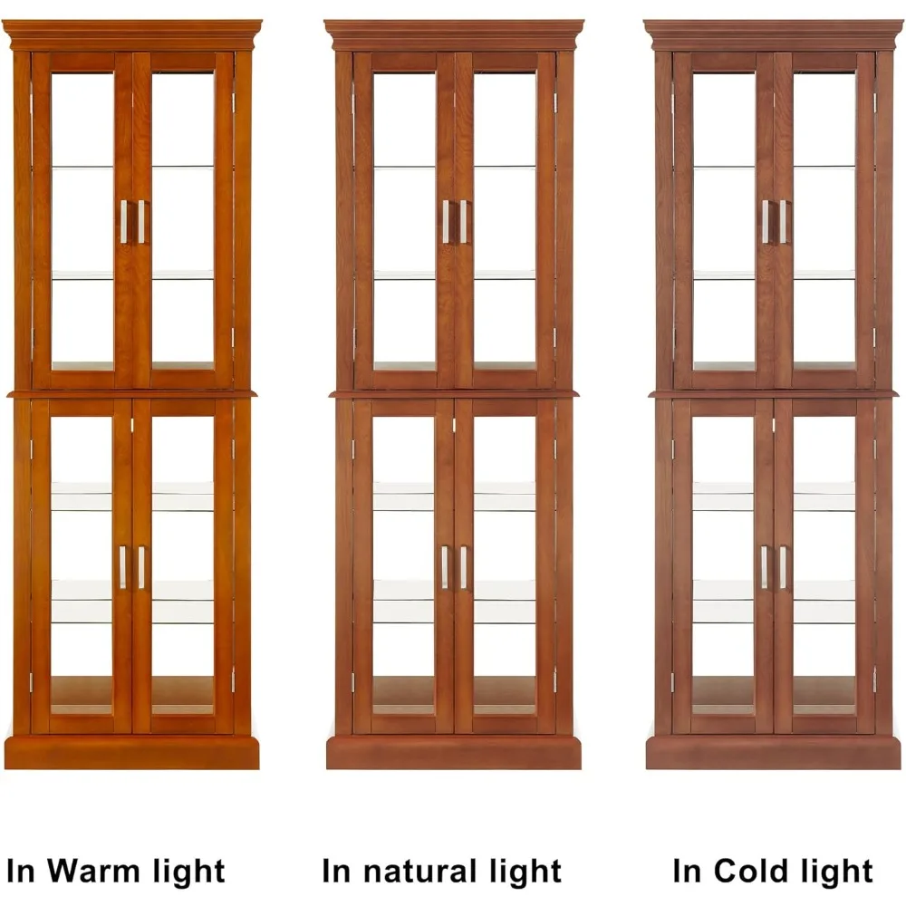 خزانة عرض خشبية مضاءة مع أرفف من الزجاج المقسى قابلة للتعديل، خزانة تخزين ذات لهجة عتيقة